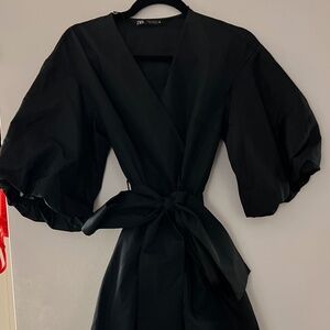 ZARA Black Puff Sleeve Midi Dress — Size Small | Elegant & Chic